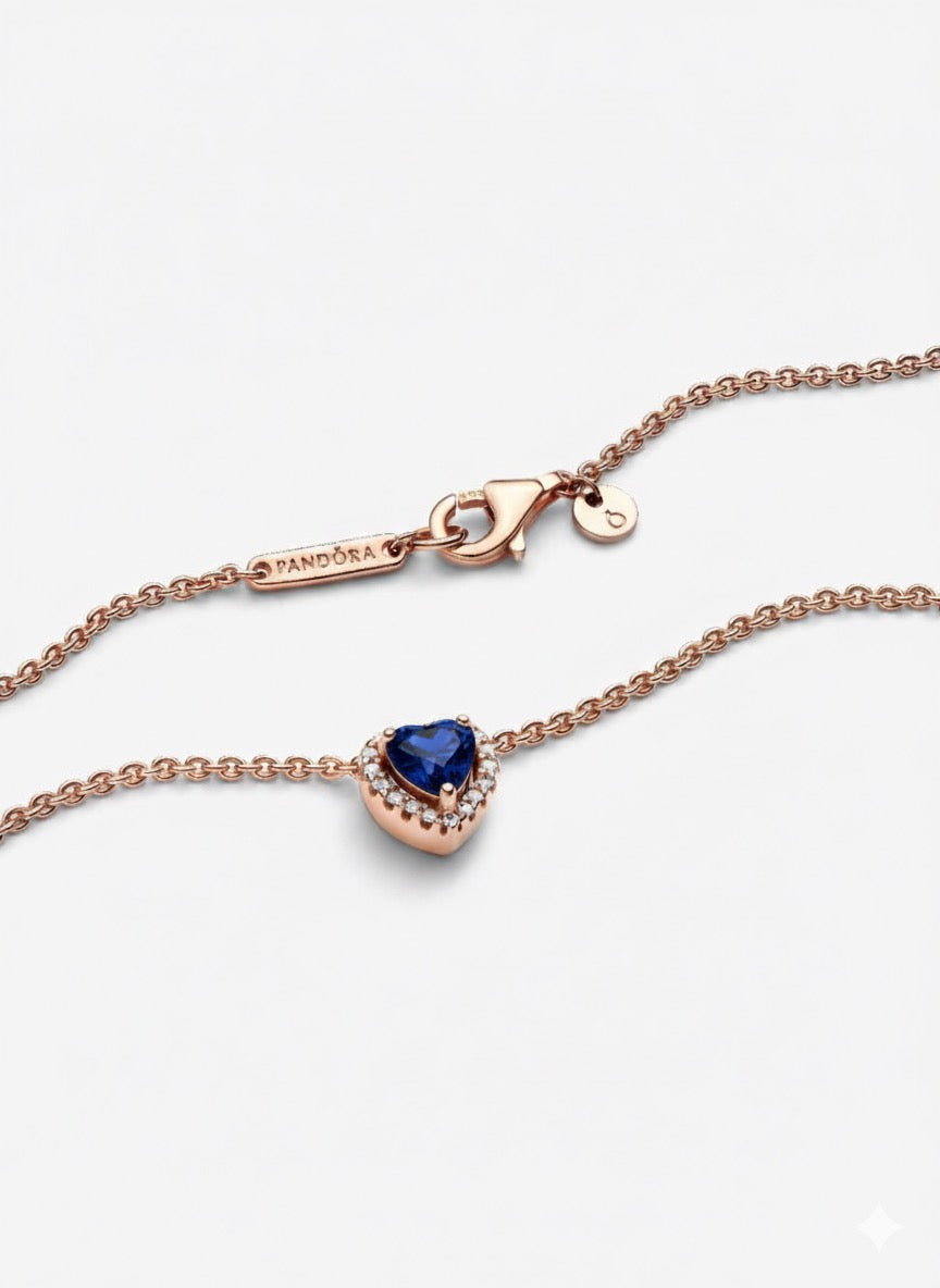 Collar Pandora Corazón Azul En Rose Gold