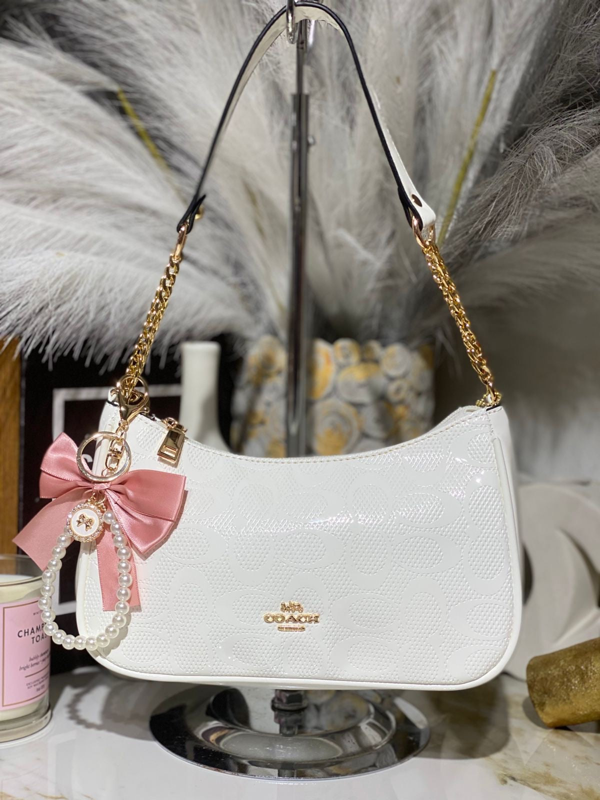 Cartera Coach De Hombro Mediana Teri Color Blanco Charol Brillante