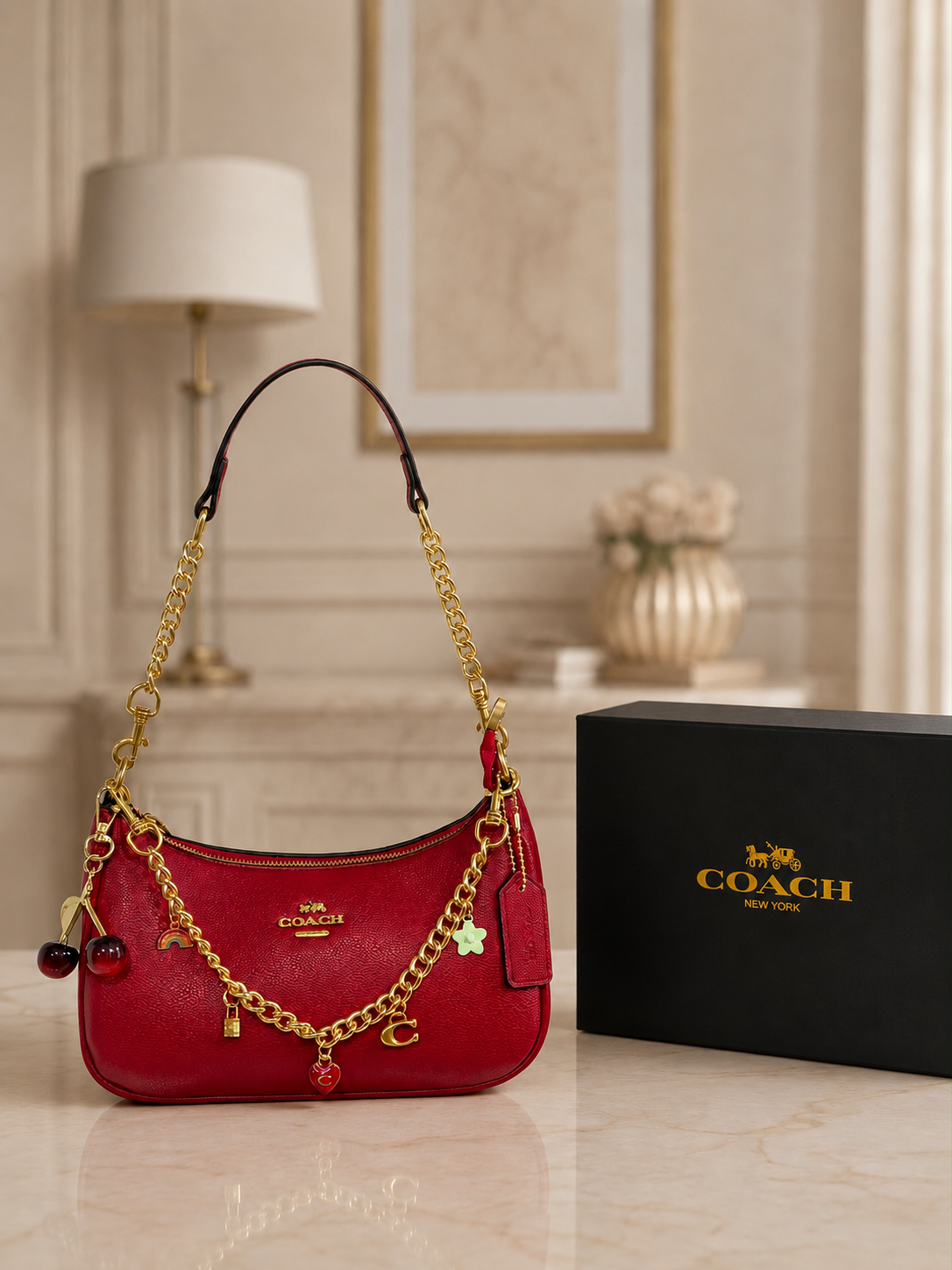 Set De Cartera Coach Roja Con Caja Y 2 Charms