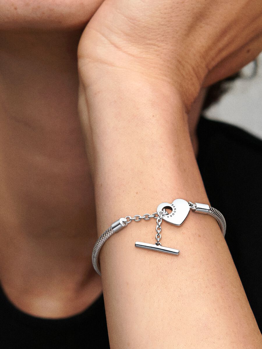 Pulsera Pandora de Cadena de Serpiente Barra en T y corazón