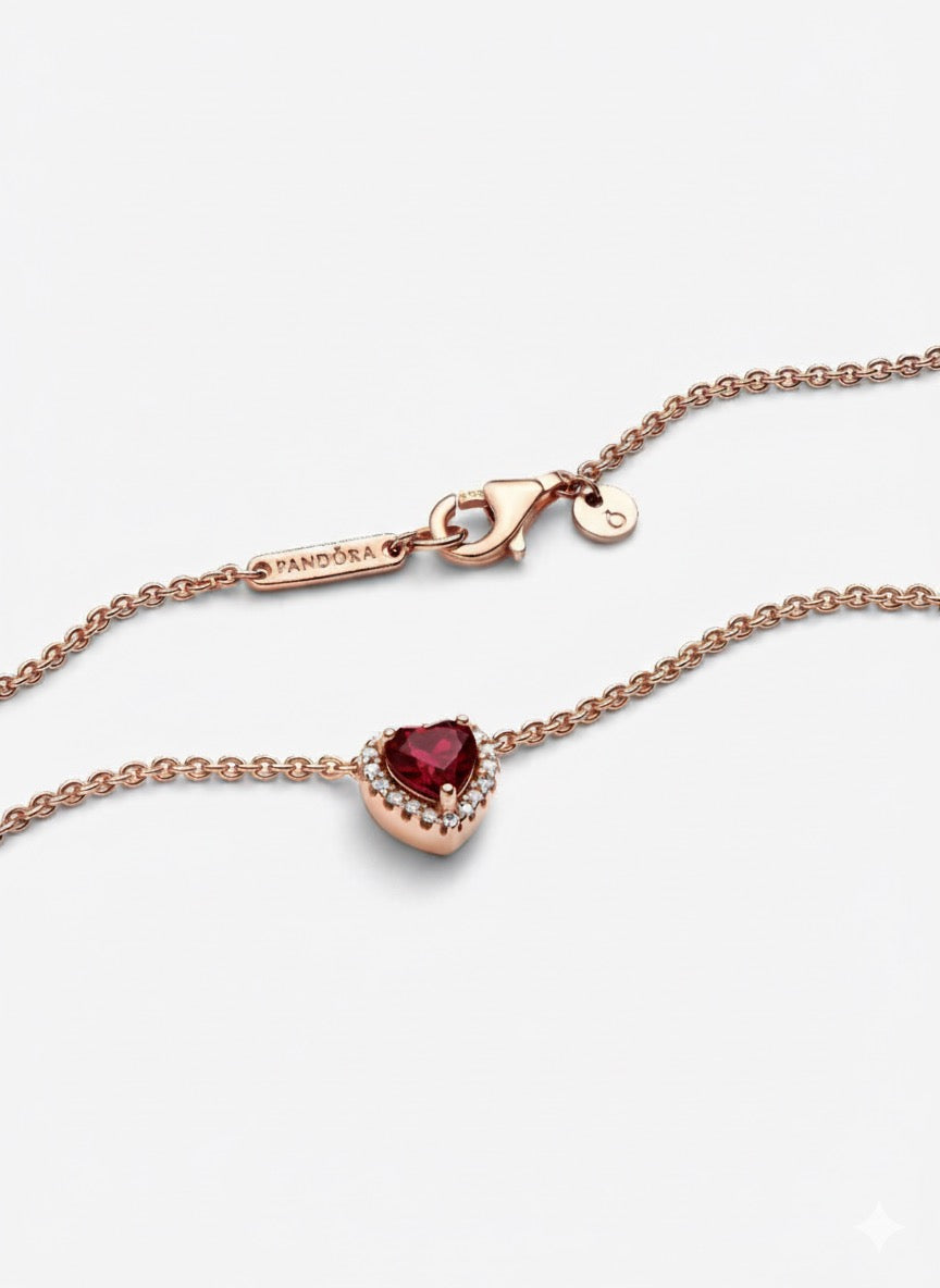 Collar Pandora Corazón Rojo En Rose Gold
