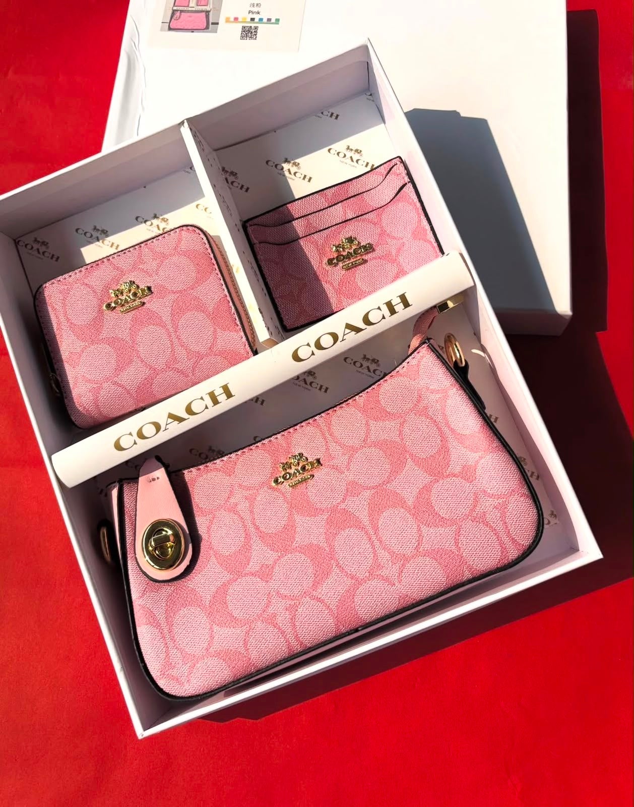Set De Regalo De Cartera Coach Rosa de 3 Piezas Con Caja