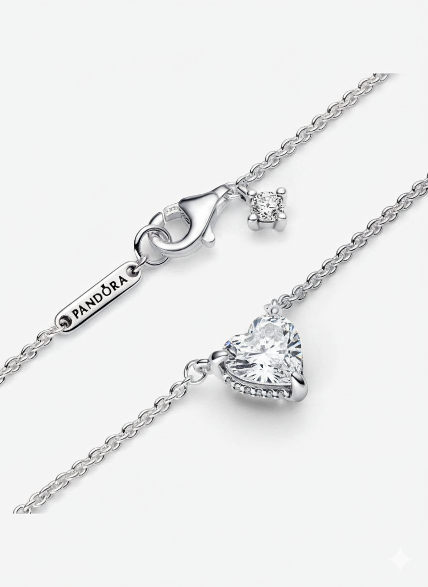 Collar Pandora con Colgante Halo y Corazón Blanco Brillante
