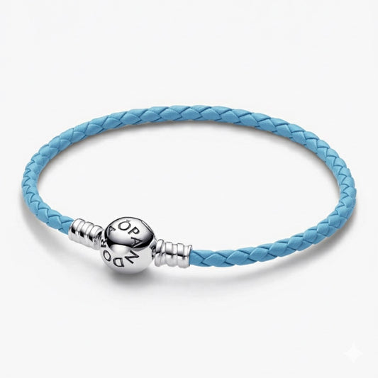 Brazalete Pandora De Cuero Azul Celeste Con Broche En Plata
