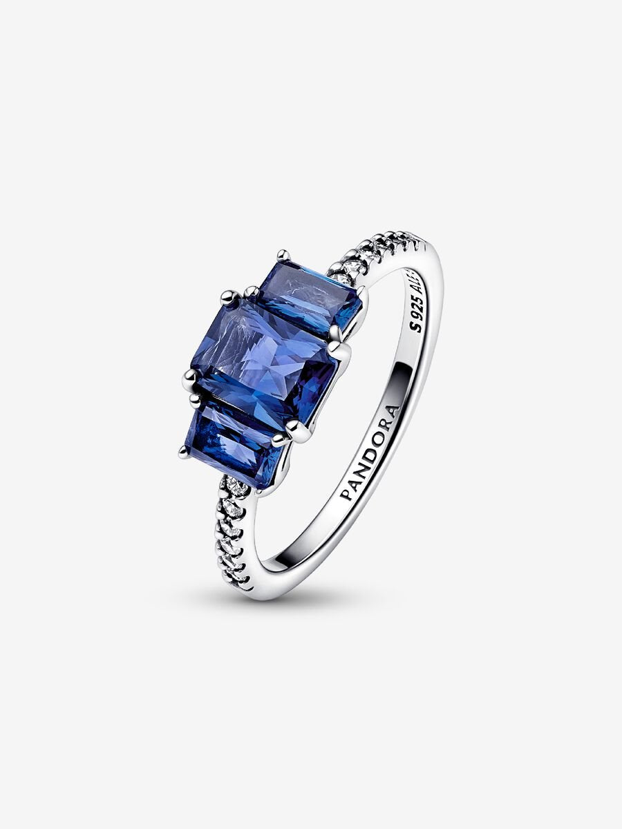 Anillo Pandora Brillante Tres Gemas Azules Rectangulares