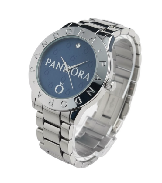 Reloj Pandora Logo Clásico Un Brillo Plateado Fondo Azul