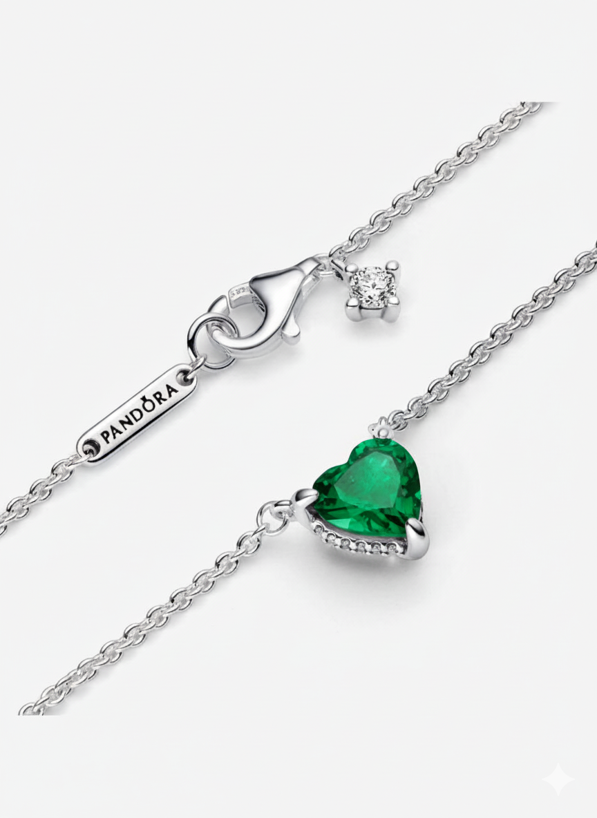 Collar Pandora con Colgante Halo y Corazón Verde Brillante