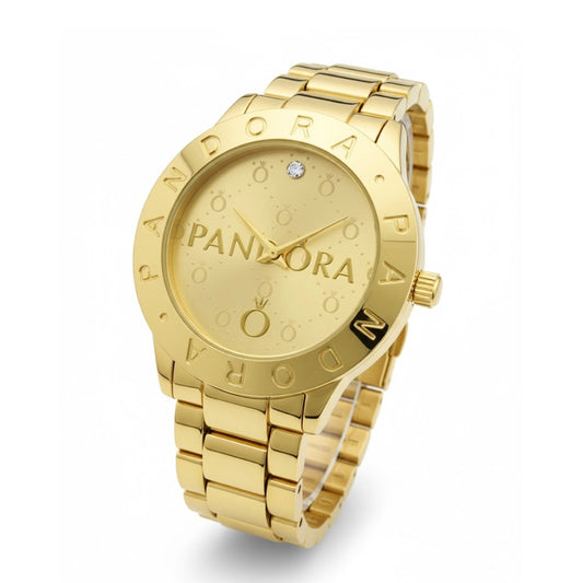 Reloj Pandora Logo Clásico Un Brillo Dorado Fondo Blanco