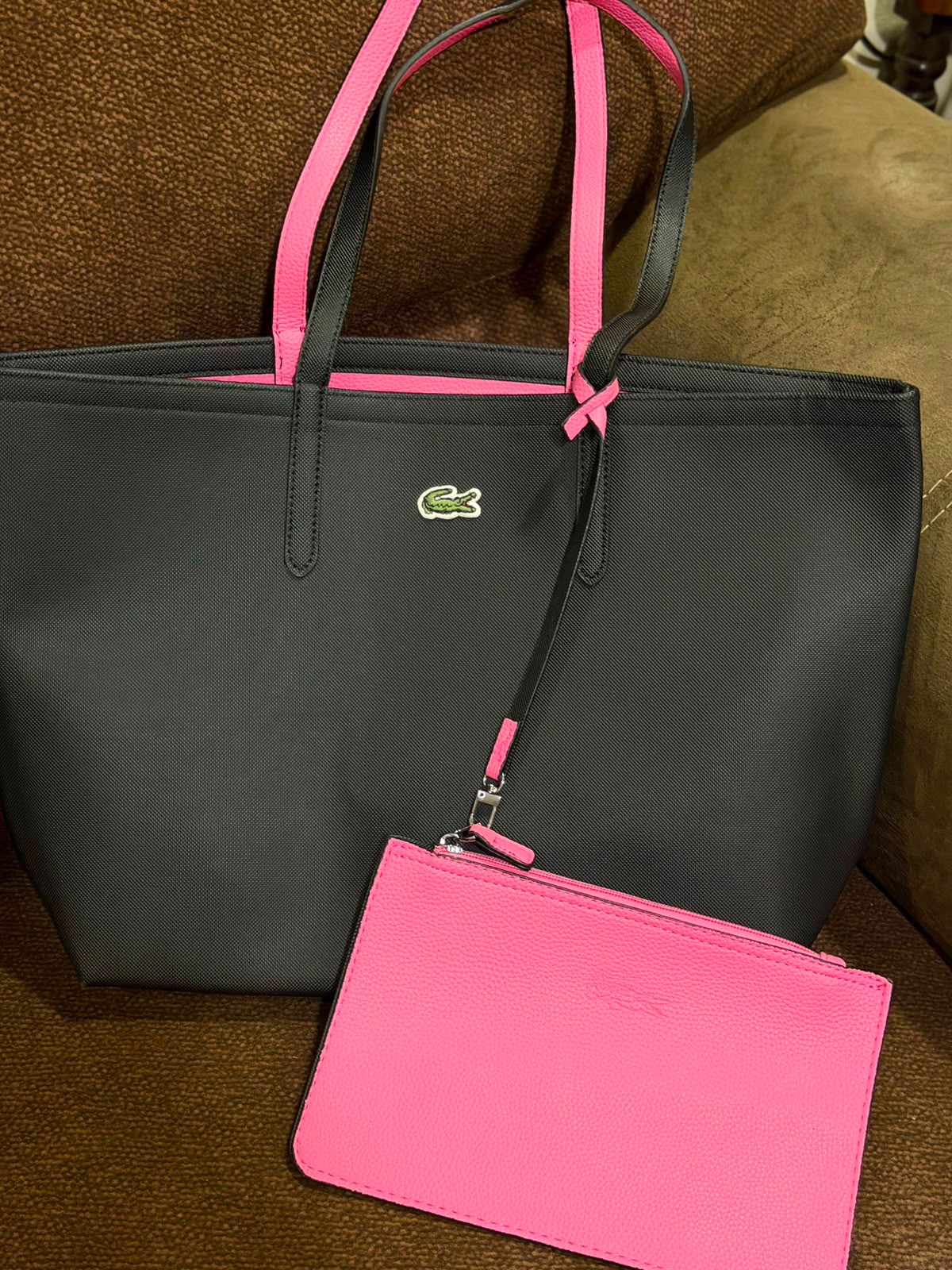 Cartera Lacoste Grande Con Bolsa De Mano De 2 Colores Negro y Rosa