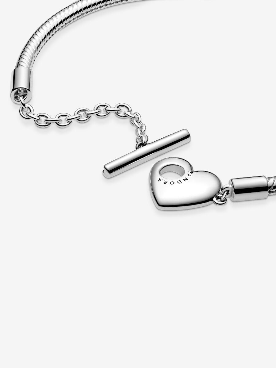 Pulsera Pandora de Cadena de Serpiente Barra en T y corazón
