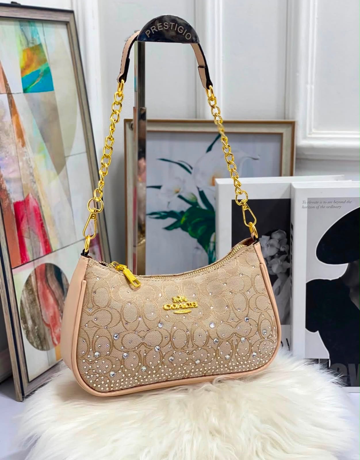 Cartera Coach Teri De Hombro Con Brillos Beige