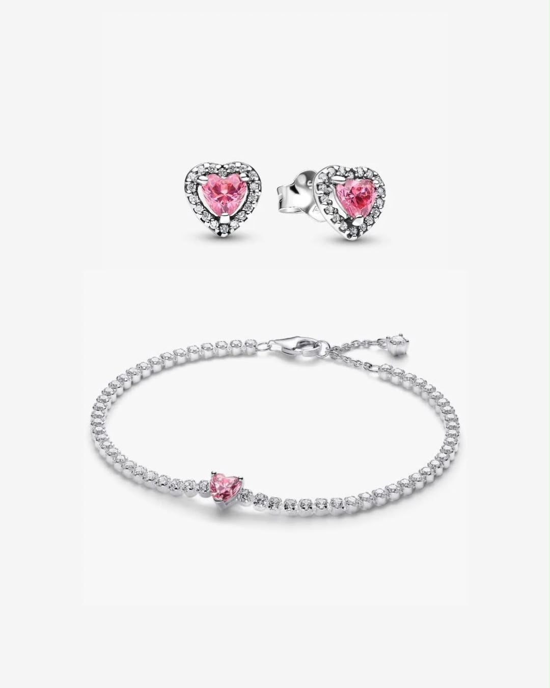 Set De Regalo Pandora Brazalete Y Aretes Corazón Rosa
