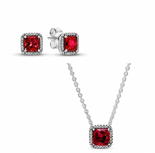 Set Pandora Cuadrado Brillante En Plata Rojo