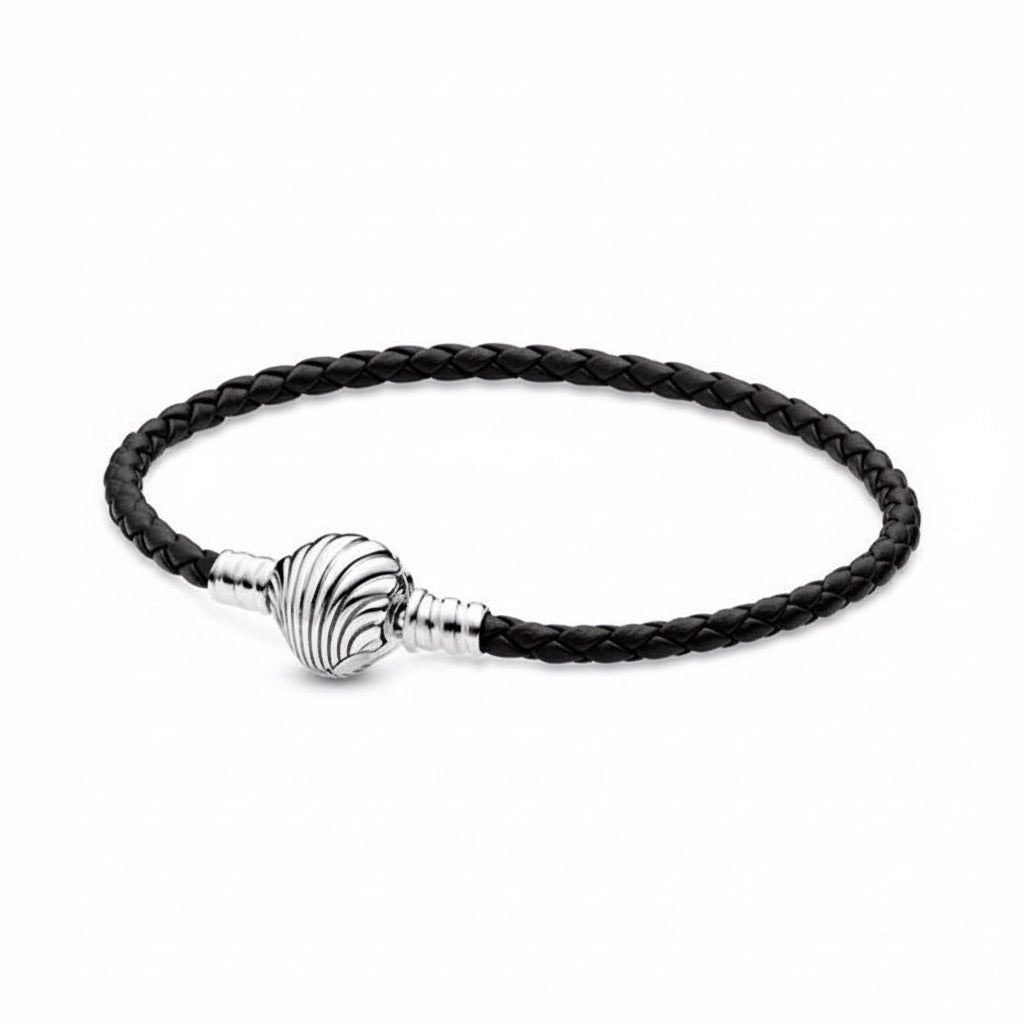 Pulsera Pandora De Cuero Negro con Cierre de Concha De La Princesa Ariel