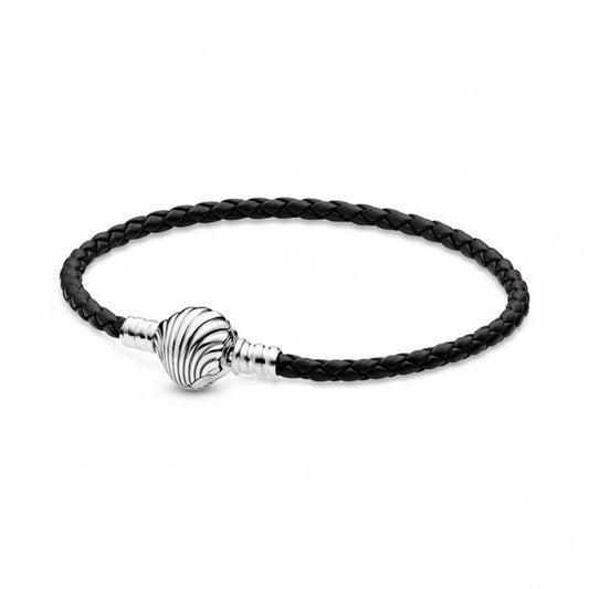 Pulsera Pandora De Cuero Negro con Cierre de Concha De La Princesa Ariel