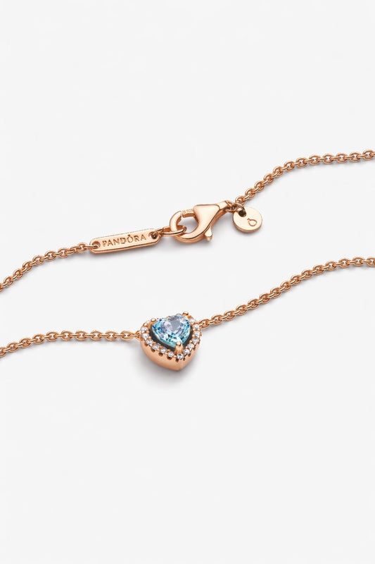 Collar Pandora Corazón Celeste En Rose Gold