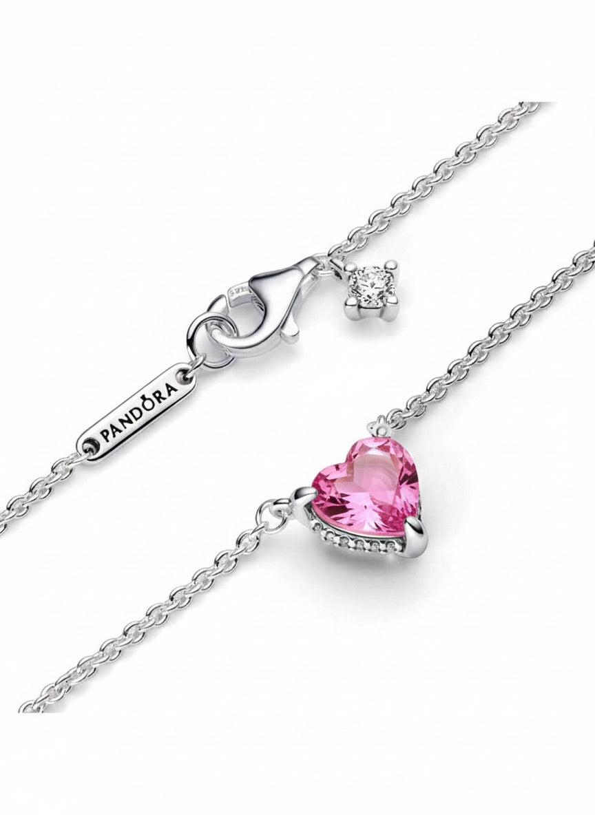 Collar Pandora con Colgante Halo y Corazón Rosa Brillante