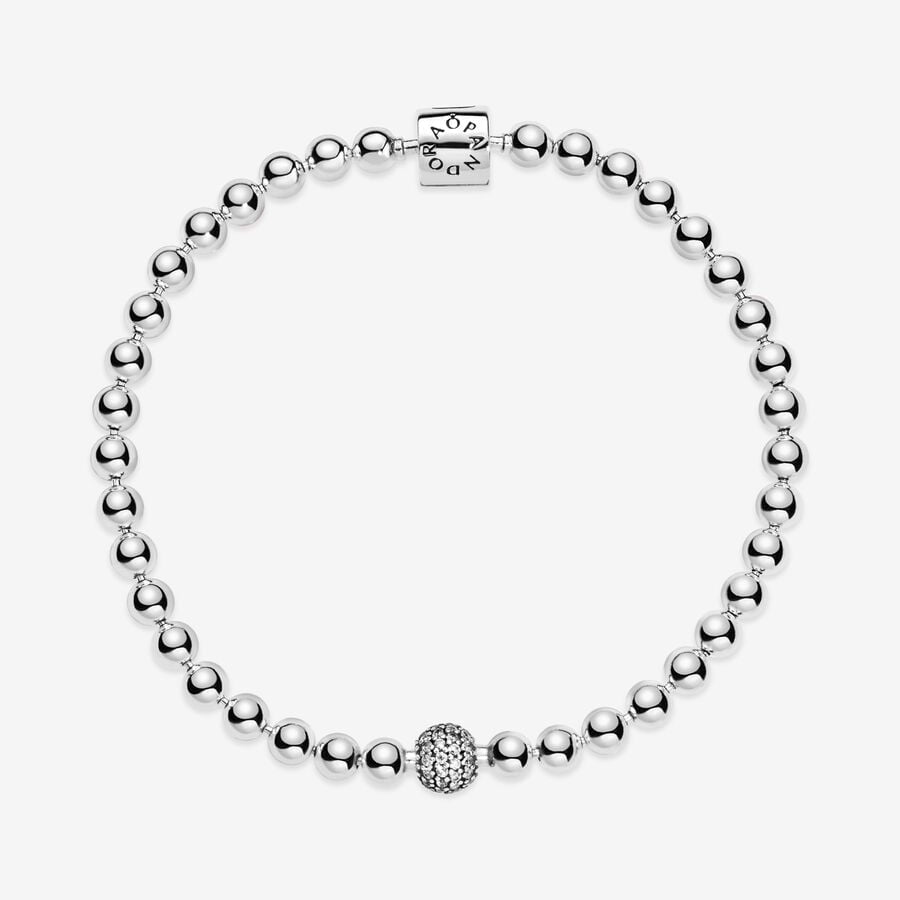 Pulsera Pandora Cuentas y Pavé Plateada