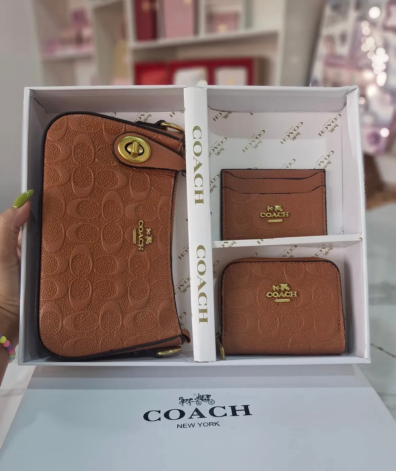 Set De Regalo De Cartera Coach Marron de 3 Piezas Con Caja