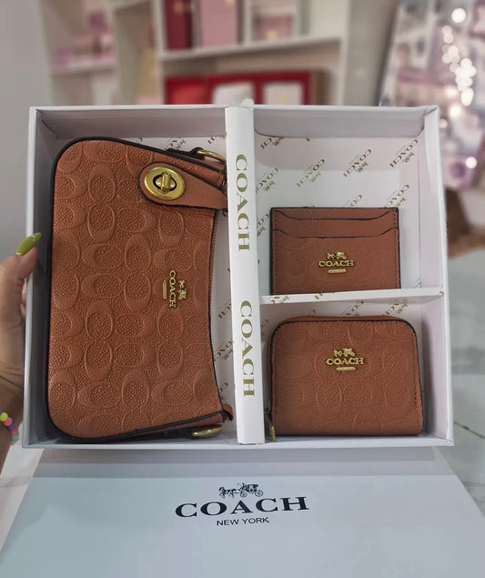 Set De Regalo De Cartera Coach Marron de 3 Piezas Con Caja
