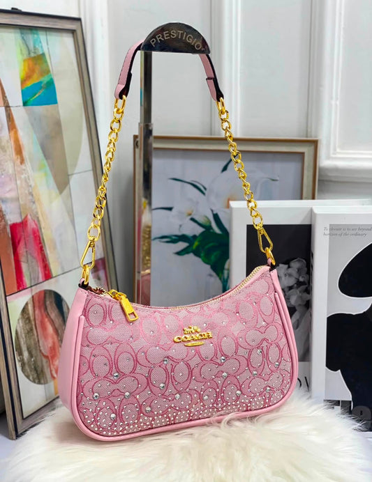 Cartera Coach Teri De Hombro Con Brillos En Rosa