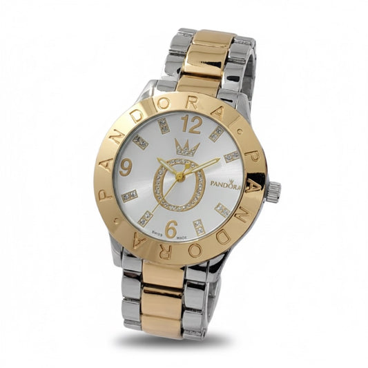 Reloj Pandora Con Logo Brillante Dorado Y Plateado