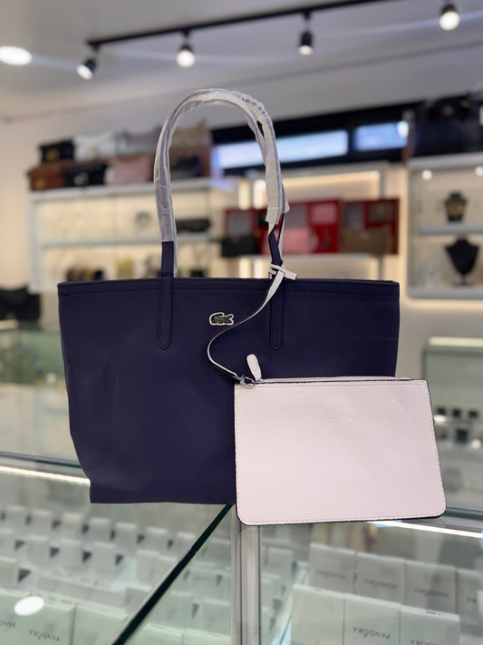 Cartera Lacoste Grande Con Bolsa De Mano De 2 Colores Azul Y Blanco