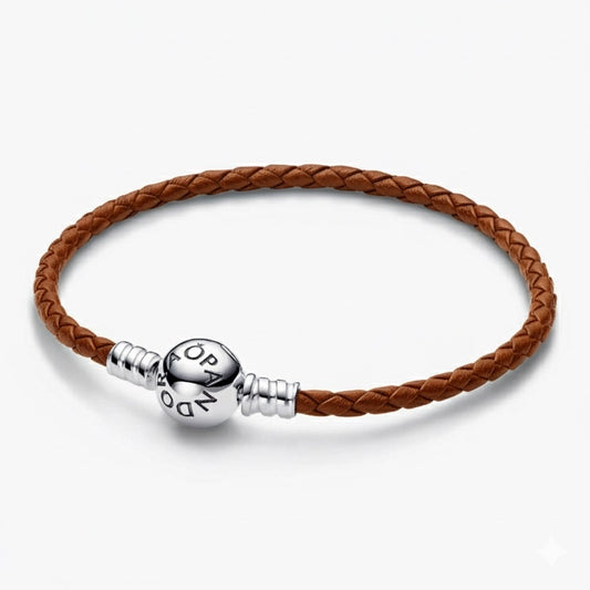 Brazalete Pandora De Cuero Café Con Broche En Plata