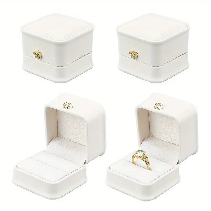 Caja Para Anillo De Tiara Cuerina Blanca