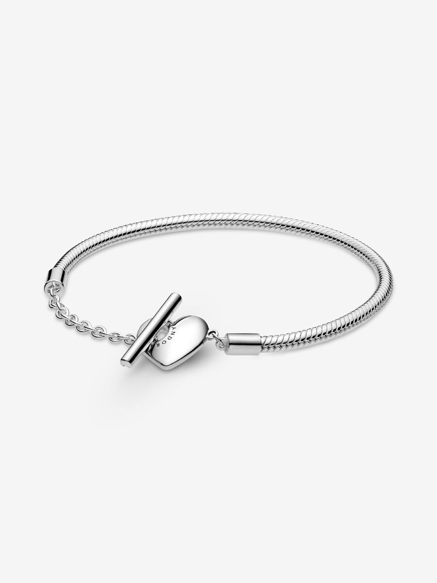 Pulsera Pandora de Cadena de Serpiente Barra en T y corazón