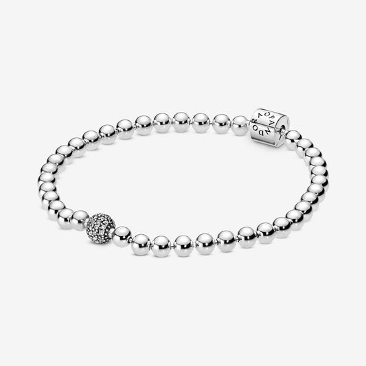 Pulsera Pandora Cuentas y Pavé Plateada