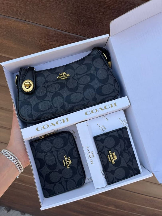 Set De Cartera Coach 3 Piezas en Negro Con Gris
