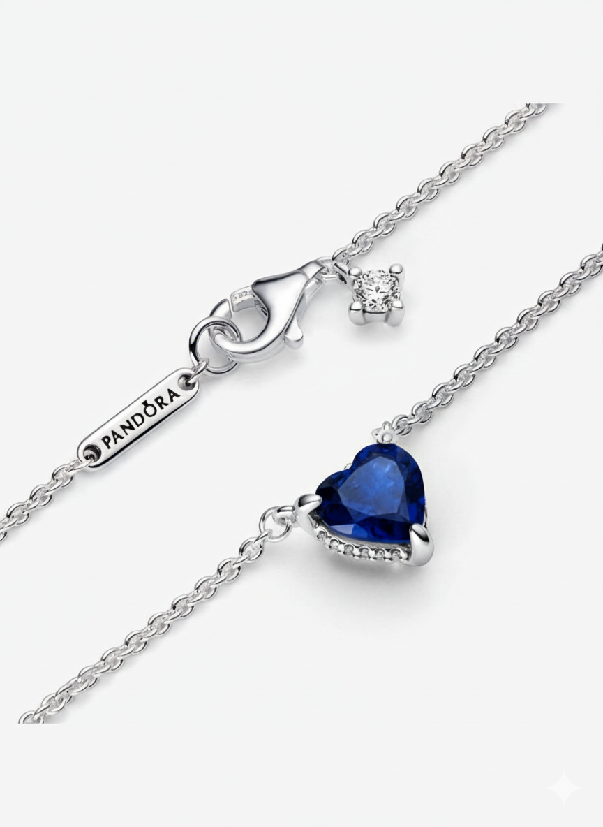Collar Pandora con Colgante Halo y Corazón Azul Brillante