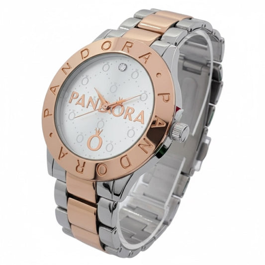 Reloj Pandora Logo Clásico Un Brillo Rose Gold Y Plateado Fondo Blanco