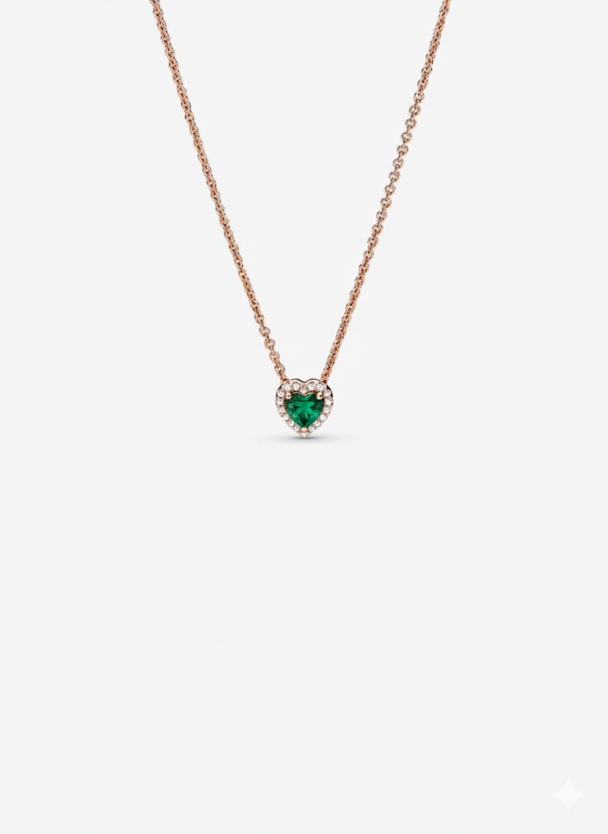 Collar Pandora Corazón Verde En Rose Gold