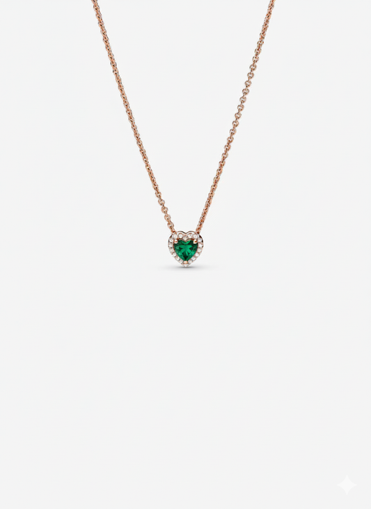 Collar Pandora Corazón Verde En Rose Gold