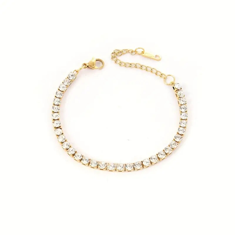 Pulsera De Tenis Brillante En Acero Inoxidable Dorada