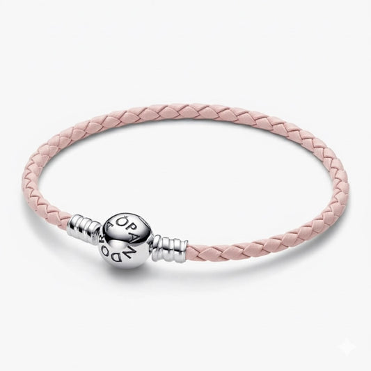 Brazalete Pandora De Cuero Rosa Con Broche En Plata
