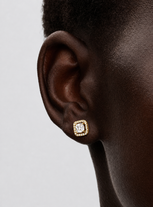 Aretes Pandora de botón Halo Cuadrado Dorado Brillante