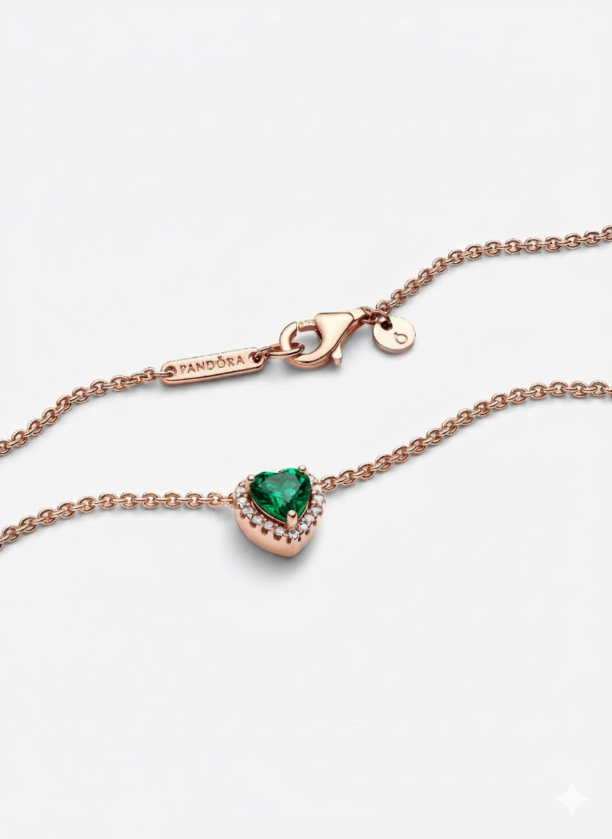 Collar Pandora Corazón Verde En Rose Gold