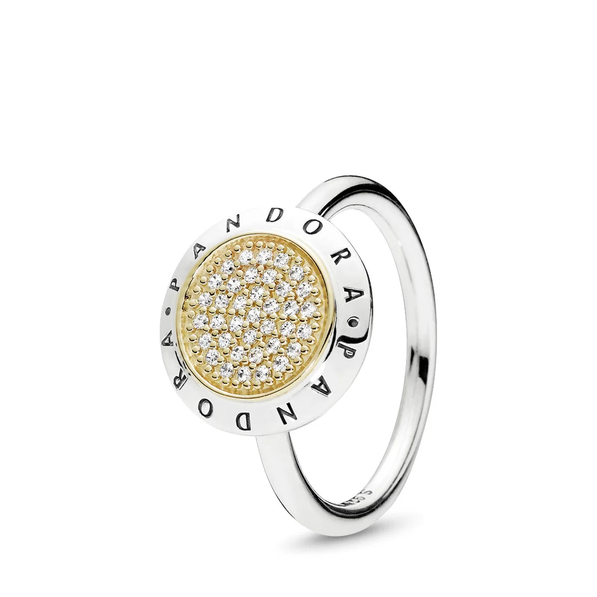 Anillo pandora con pave y logotipo circulo dorado Casa Di Prana