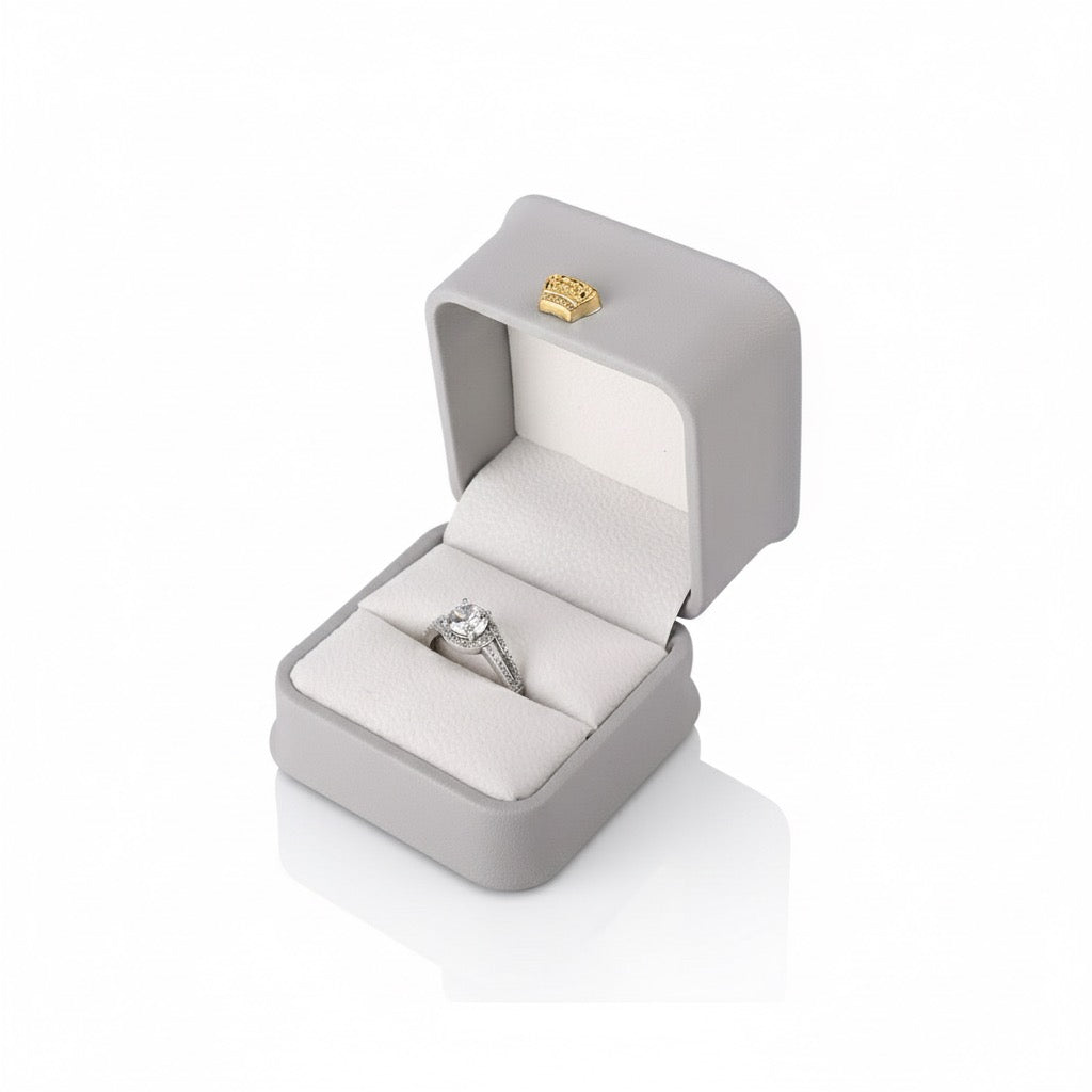 Caja Para Anillo De Tiara Cuerina Gris
