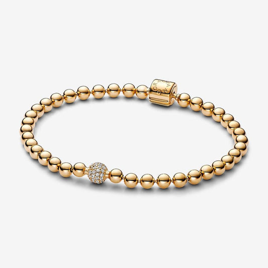 Pulsera Pandora Cuentas y Pavé Dorada