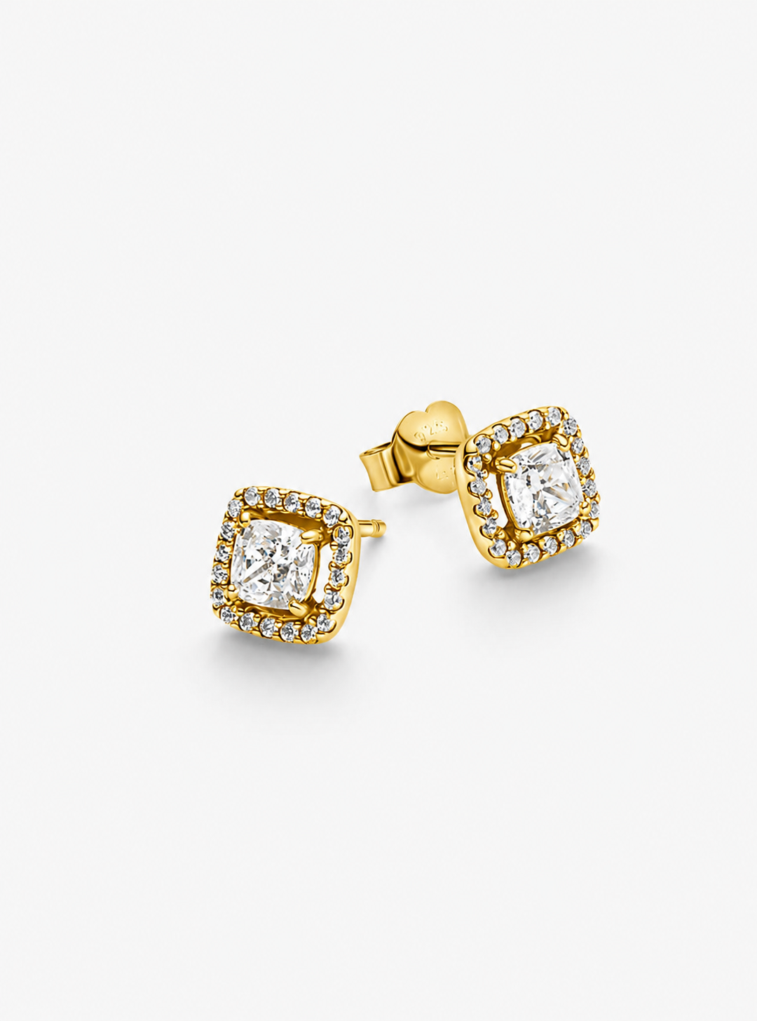 Aretes Pandora de botón Halo Cuadrado Dorado Brillante