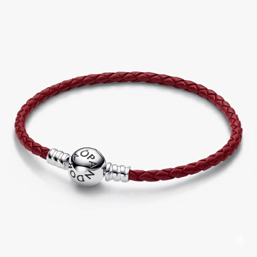 Brazalete Pandora De Cuero Rojo Con Broche En Plata