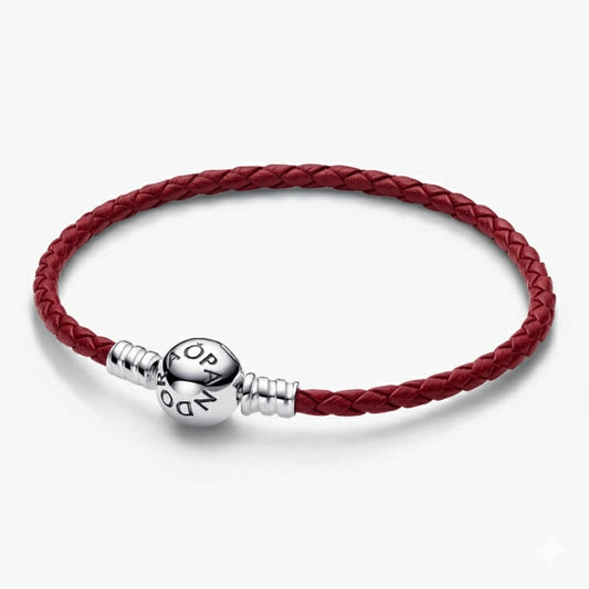 Brazalete Pandora De Cuero Rojo Con Broche En Plata