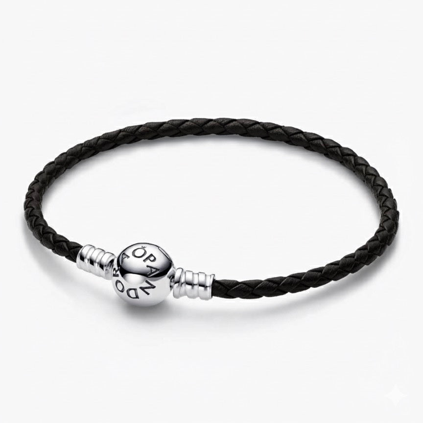 Brazalete Pandora De Cuero Negro Con Broche En Plata