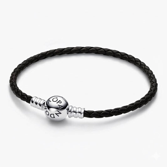 Brazalete Pandora De Cuero Negro Con Broche En Plata