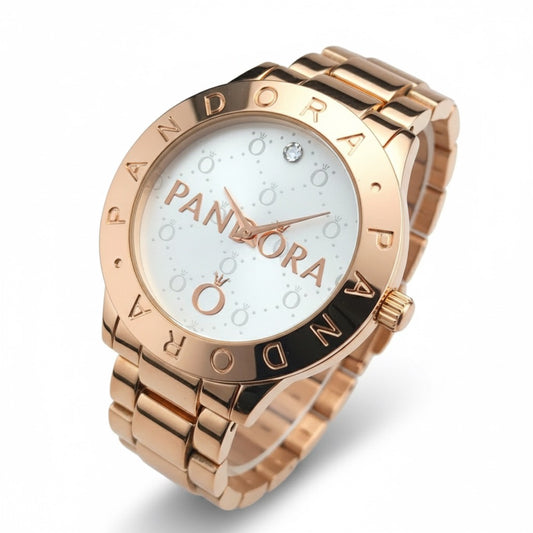 Reloj Pandora Logo Clásico Un Brillo Rose Gold Fondo Blanco