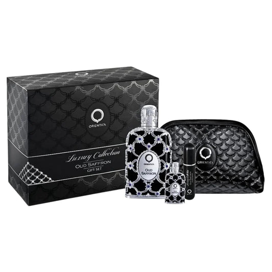 SET ORIENTICA OUD SAFFRON GIFT SET EDP 80ML, MINI EDP 7.5ML, DISPENSADOR PERFUME, BOLSA DE REGALO